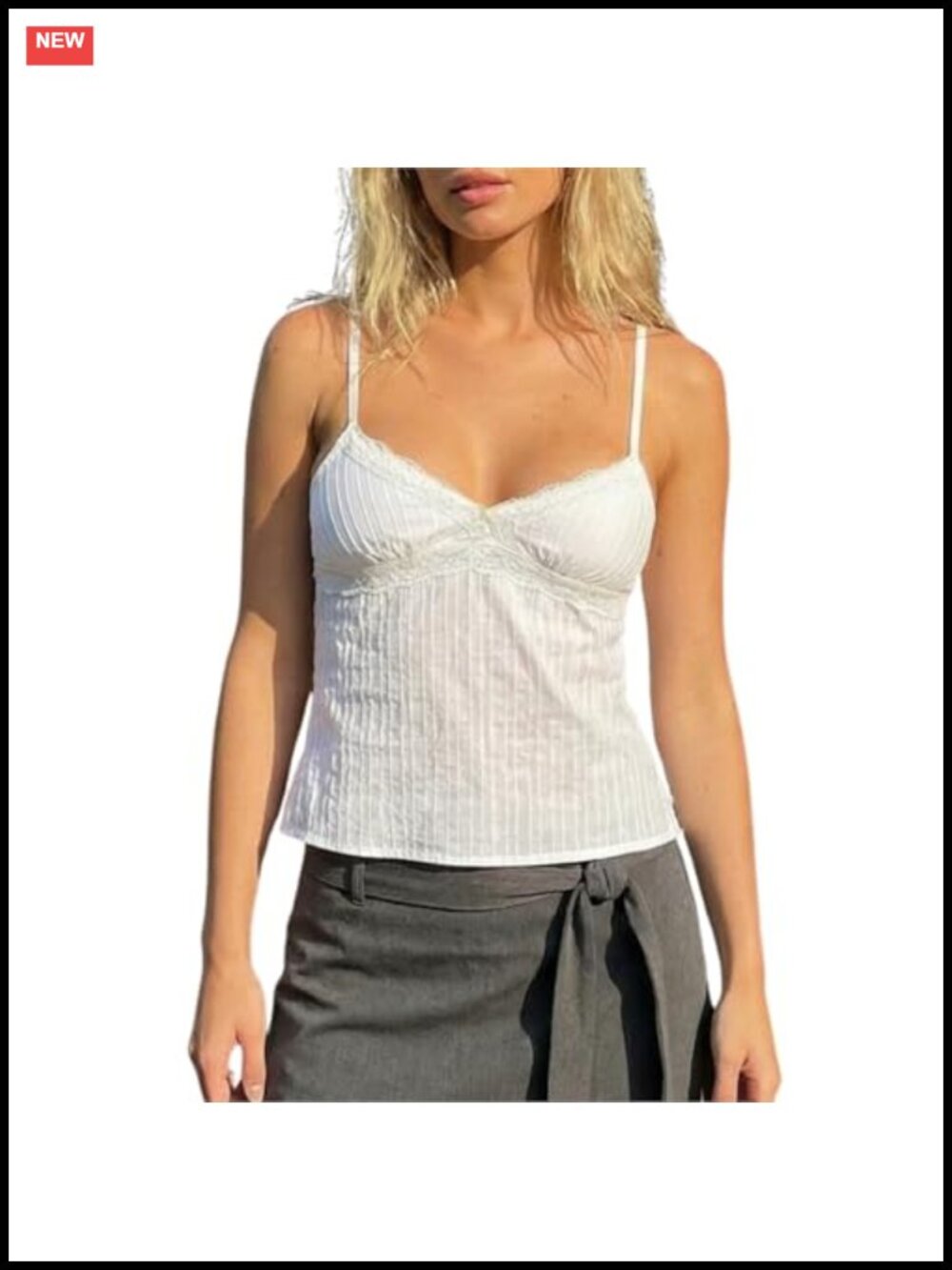 Y2K Babydoll Tank Top Lace Trim V Neck Crop Cami Spaghetti Strap Peplum Summer